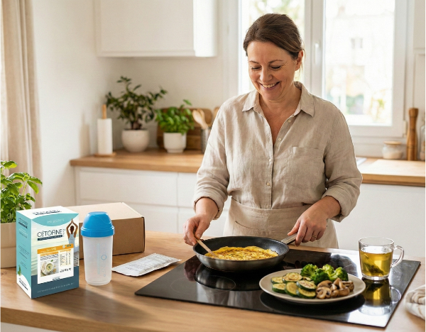 Donna che cucina un'omelette proteica nell'ambito di un programma dimagrante di 1 mese Cétofine 21