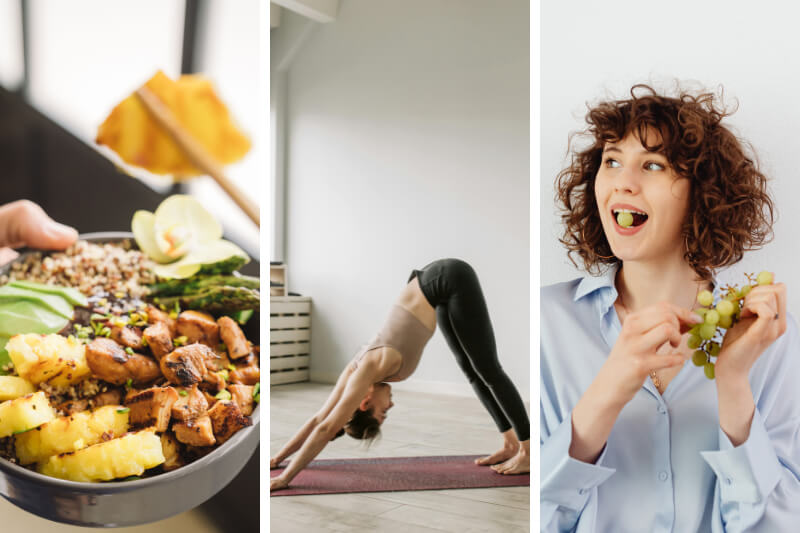 Schéma des trois leviers de la perte de poids : alimentation équilibrée, mouvement quotidien et pleine conscience